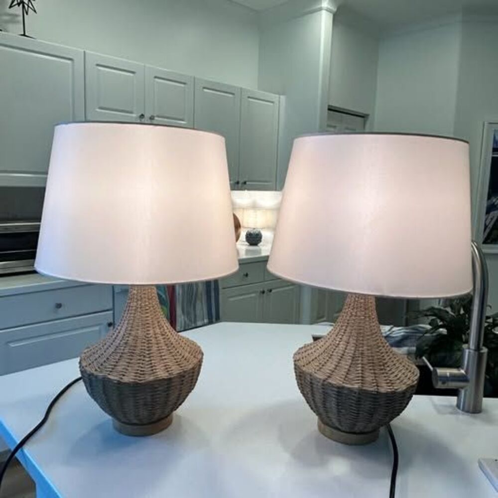 Pair of Rattan Table Lamps with Cream Shades